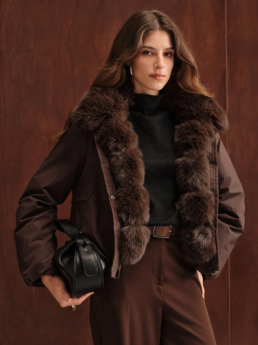 Anewsta Women's Solid Color Long Sleeve Casual Fur Collar Parka Winter Jacket - Coffee Brown - View 1