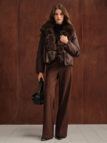 Anewsta Women's Solid Color Long Sleeve Casual Fur Collar Parka Winter Jacket - Coffee Brown - View 3