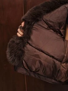 Anewsta Women's Solid Color Long Sleeve Casual Fur Collar Parka Winter Jacket - Coffee Brown - View 8