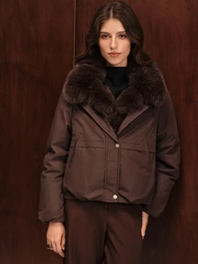 Anewsta Women's Solid Color Long Sleeve Casual Fur Collar Parka Winter Jacket - Coffee Brown - View 7