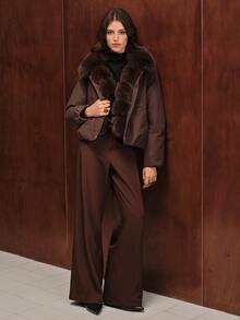 Anewsta Women's Solid Color Long Sleeve Casual Fur Collar Parka Winter Jacket - Coffee Brown - View 1
