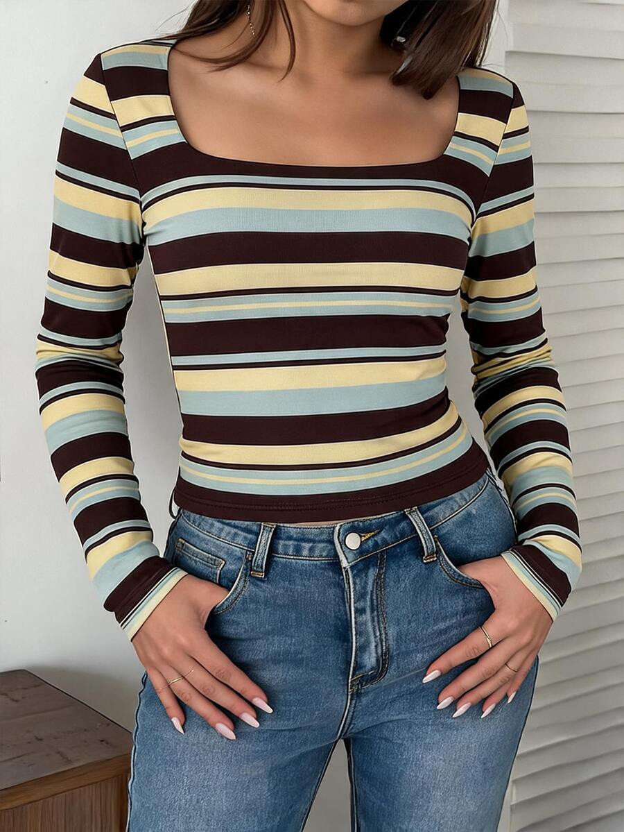 SHEIN LUNE Women's Striped Color-Block Ruched Long Sleeve T-Shirt, Suitable For Autumn/Winter - Multicolor - View 1