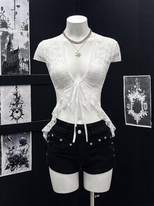 Bitrose Women's Sexy Sheer Cropped White Top - White - View 5