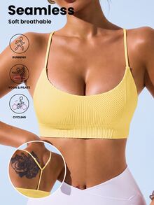SHEIN Sovereign Charm Women's Solid Color Seamless Breathable Sports Camisole - Yellow - View 3