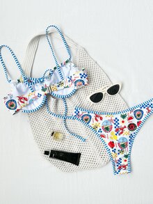 Swim Mod 2pcs/Set Printed Ocean Animal Pattern Spaghetti Strap Underwire Back Closure Contrast Trim Casual Vacation Bikini Swimwear For Women - Multicolor - View 3