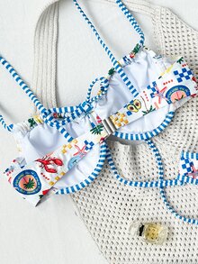 Swim Mod 2pcs/Set Printed Ocean Animal Pattern Spaghetti Strap Underwire Back Closure Contrast Trim Casual Vacation Bikini Swimwear For Women - Multicolor - View 6