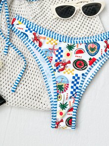 Swim Mod 2pcs/Set Printed Ocean Animal Pattern Spaghetti Strap Underwire Back Closure Contrast Trim Casual Vacation Bikini Swimwear For Women - Multicolor - View 5