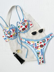 Swim Mod 2pcs/Set Printed Ocean Animal Pattern Spaghetti Strap Underwire Back Closure Contrast Trim Casual Vacation Bikini Swimwear For Women - Multicolor - View 7