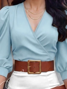 EMERY ROSE V-Neck Criss-Cross Puff Sleeve Fitted Cropped Women Shirt - Blue - View 5