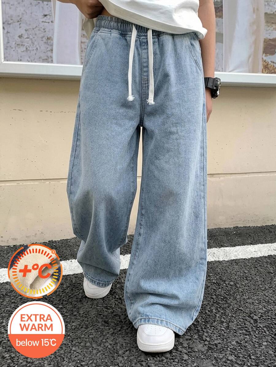 SHEIN Celana Jeans Longgar Hangat untuk Remaja Laki-Laki, Bahan Wol-Katun Ringan, Warna Hitam, Cocok untuk Sekolah di Musim Gugur - Biru - View 1