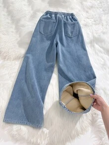 SHEIN Celana Jeans Longgar Hangat untuk Remaja Laki-Laki, Bahan Wol-Katun Ringan, Warna Hitam, Cocok untuk Sekolah di Musim Gugur - Biru - View 2
