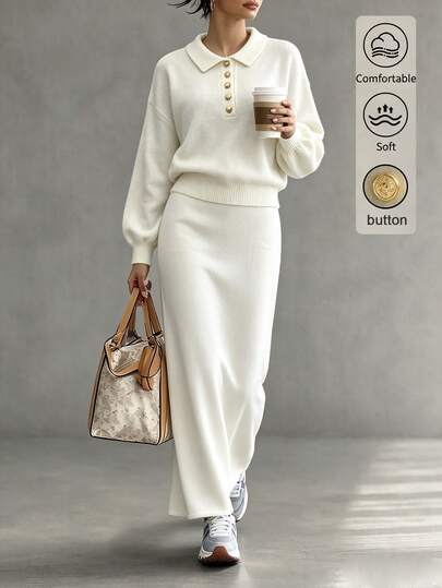 SHEIN Women's Autumn/Winter Lapel Metal Button Half-Open Pullover Dropped Shoulder Long Sleeve Knit Sweater Set, Women's Casual Outwear, Women's Autumn/Winter Sweater Outfit, Fashion Casual Wear, Business Office Attire, Versatile And Fashionable Daily Casual Clothing, Urban Teacher Professional Outfit