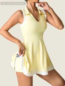 SHEIN Sovereign Charm 女士瑜伽运动休闲 T 恤连衣裙，修身版型，适合锻炼、跑步、健身，无袖 Polo 领，带口袋，舒适通勤和户外穿着，性感短裤运动连衣裙 - 黃色 - 查看 4
