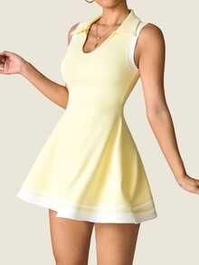 SHEIN Sovereign Charm 女士瑜伽运动休闲 T 恤连衣裙，修身版型，适合锻炼、跑步、健身，无袖 Polo 领，带口袋，舒适通勤和户外穿着，性感短裤运动连衣裙 - 黃色 - 查看 5
