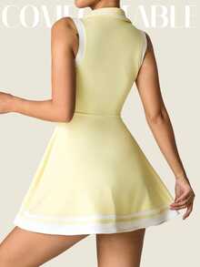 SHEIN Sovereign Charm 女士瑜伽运动休闲 T 恤连衣裙，修身版型，适合锻炼、跑步、健身，无袖 Polo 领，带口袋，舒适通勤和户外穿着，性感短裤运动连衣裙 - 黃色 - 查看 2