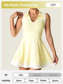 SHEIN Sovereign Charm 女士瑜伽运动休闲 T 恤连衣裙，修身版型，适合锻炼、跑步、健身，无袖 Polo 领，带口袋，舒适通勤和户外穿着，性感短裤运动连衣裙 - 黃色 - 查看 7
