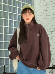 DAZY Quarter Zip Letter Embroidery Drop Shoulder Fleece Sweatshirt,Long Sleeve Tops,Fall Women Clothes - Mocha Brown - View 4