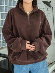 DAZY Quarter Zip Letter Embroidery Drop Shoulder Fleece Sweatshirt,Long Sleeve Tops,Fall Women Clothes - Mocha Brown - View 3