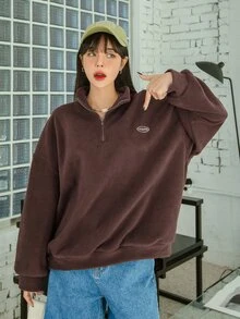 DAZY Quarter Zip Letter Embroidery Drop Shoulder Fleece Sweatshirt,Long Sleeve Tops,Fall Women Clothes - Mocha Brown - View 8