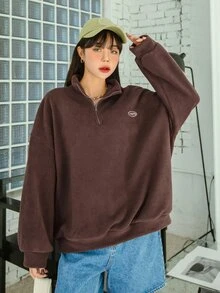 DAZY Quarter Zip Letter Embroidery Drop Shoulder Fleece Sweatshirt,Long Sleeve Tops,Fall Women Clothes - Mocha Brown - View 7