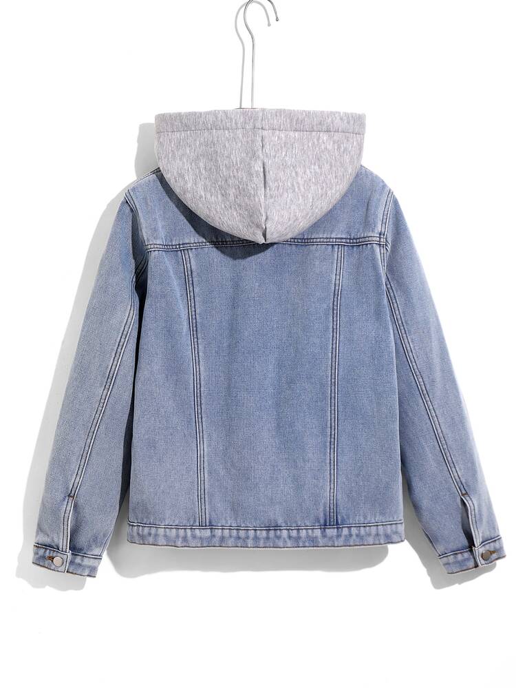SHEIN 青少年男孩 Y2K 風格簡約舒適抓絨內裡牛仔夾克與秋季外套，黑色，適合上學穿著 - 藍色 - 查看 4