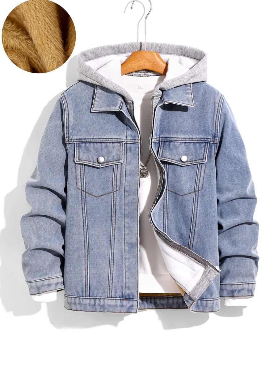 SHEIN Teen Boy Y2k Simple And Comfortable Fleece-Lined Denim Jackets And Autumn Coats For Black To School - Blue - View 1