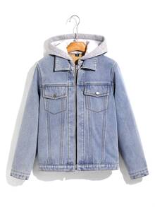 SHEIN Teen Boy Y2k Simple And Comfortable Fleece-Lined Denim Jackets And Autumn Coats For Black To School - Blue - View 3