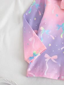 SHEIN Explorewe 秋冬春夏四季通用薄款編織女童幼兒睡衣套裝，翻領前開扣長袖上衣配螢光蝴蝶結與清新圖案，長褲，2件套，熱門款式，每位女孩都該擁有的漂亮居家服 - 彩色 - 查看 6