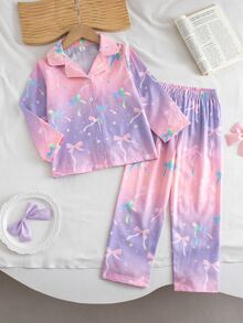 SHEIN Explorewe 秋冬春夏四季通用薄款編織女童幼兒睡衣套裝，翻領前開扣長袖上衣配螢光蝴蝶結與清新圖案，長褲，2件套，熱門款式，每位女孩都該擁有的漂亮居家服 - 彩色 - 查看 4
