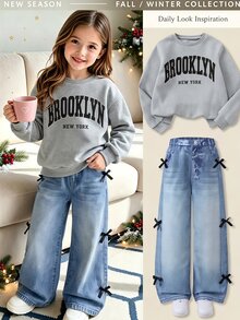 Tween Girls Fall Outfits Tops Grey Purple Round Neck Long Sleeve Top Wide Leg Pants Bow Decor 2 Pieces Set Autumn/Winter School Student 80s - Multicolor - View 1