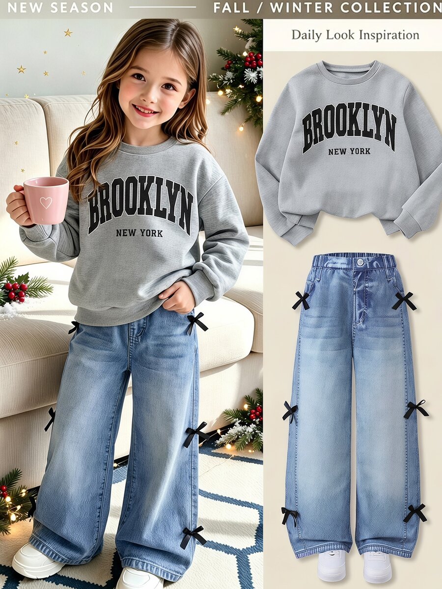 Tween Girls Fall Outfits Tops Grey Purple Round Neck Long Sleeve Top Wide Leg Pants Bow Decor 2 Pieces Set Autumn/Winter School Student 80s - Multicolor - View 1