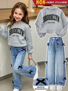 Tween Girls Fall Outfits Tops Grey Purple Round Neck Long Sleeve Top Wide Leg Pants Bow Decor 2 Pieces Set Autumn/Winter School Student 80s - Multicolor - View 3