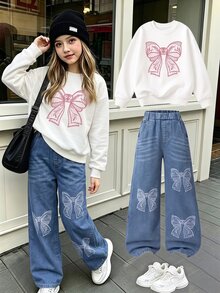 SHEIN Elladie kids 女童粉色與白色、藍色與白色可愛俏皮蝴蝶結印花衛衣，水洗蝴蝶結刺繡直筒牛仔褲 2 件套，校園學生秋季款 - 彩色 - 查看 8