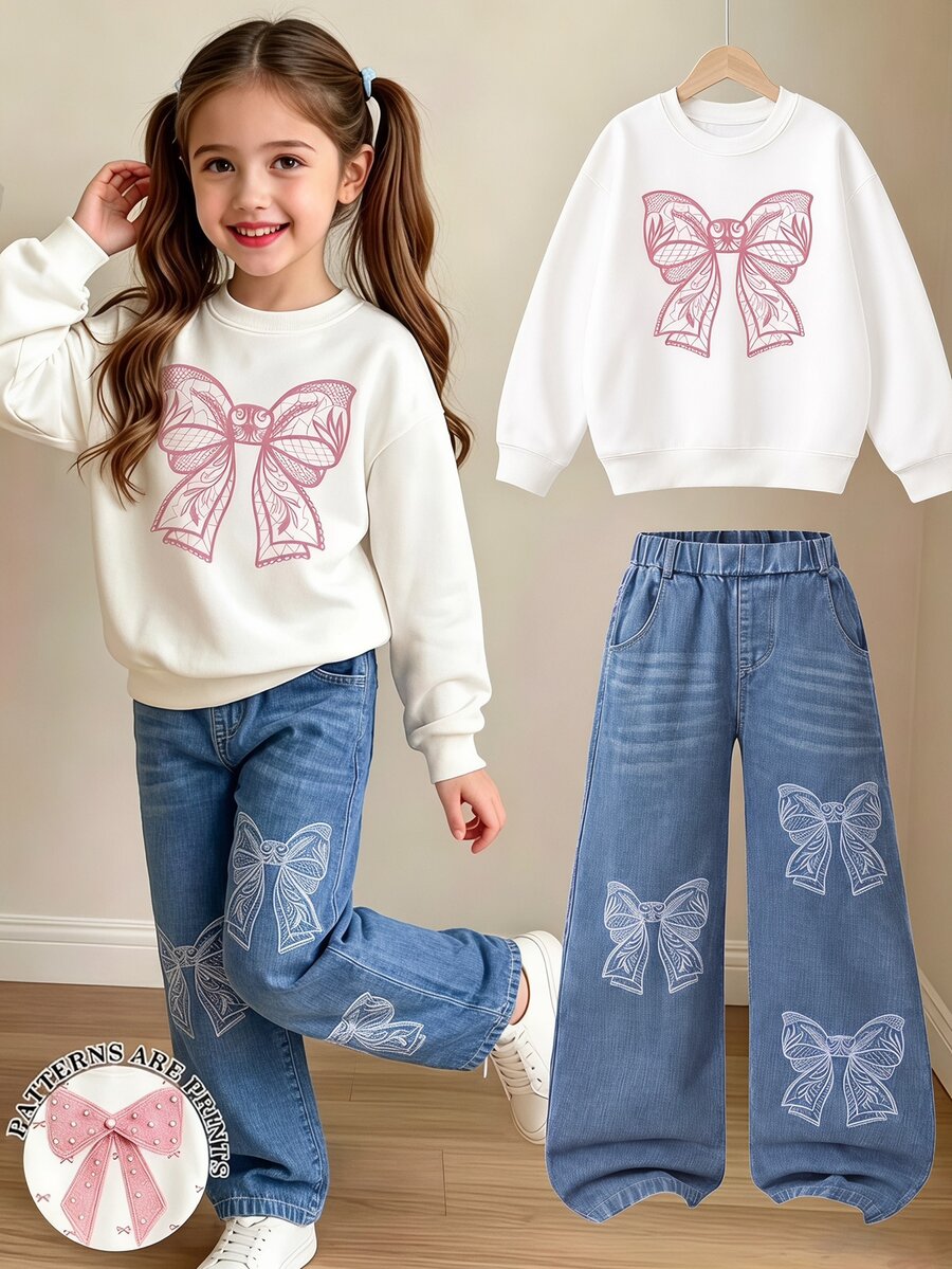 SHEIN Elladie kids 女童粉色與白色、藍色與白色可愛俏皮蝴蝶結印花衛衣，水洗刺繡直筒牛仔褲 2 件套，適合學校、秋季、家庭