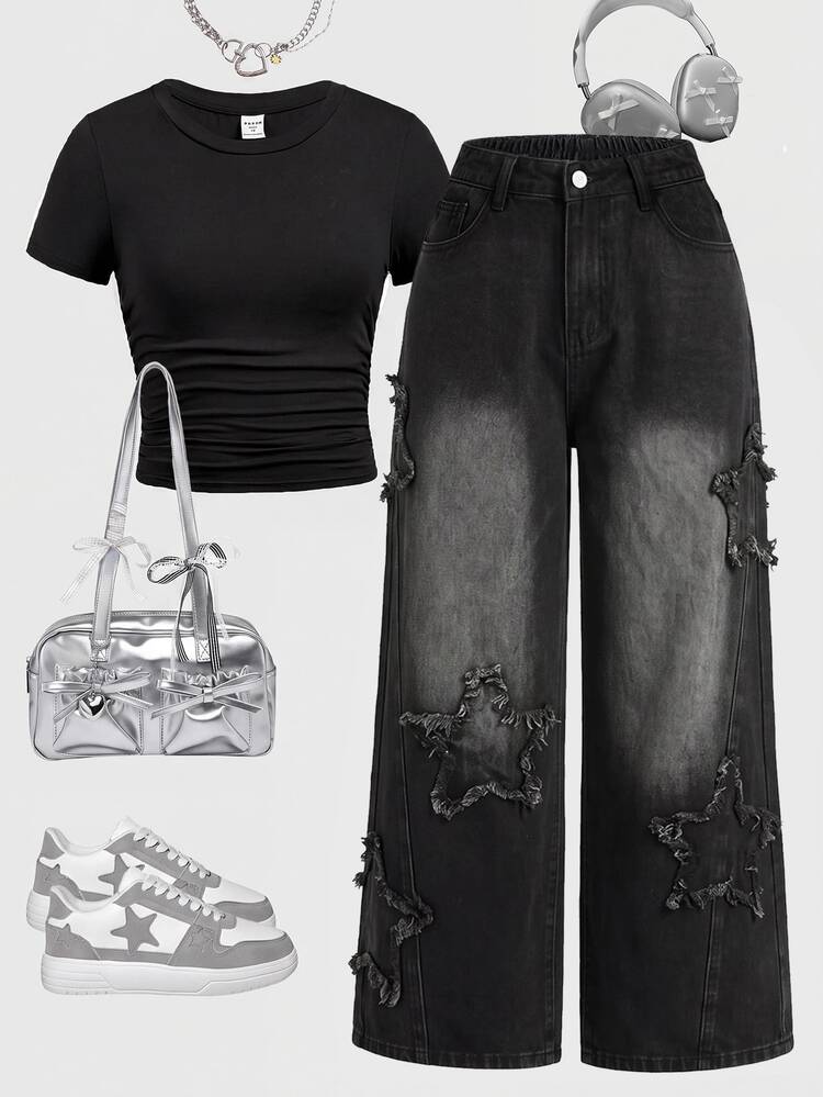 SHEIN Girlism Tween Girls' Loose Black Denim Long Pants With Frayed Hem Star Pattern - Black - View 2