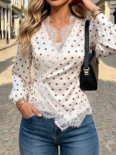 Lucivie Dámská elegantní ležérní saténová wrap blůzka s puntíky, podzimní vintage, elegantní výstřih do V, krajkový lem, nadýchané dlouhé rukávy, boční zavazování v pase, top na běžné nošení i na východy