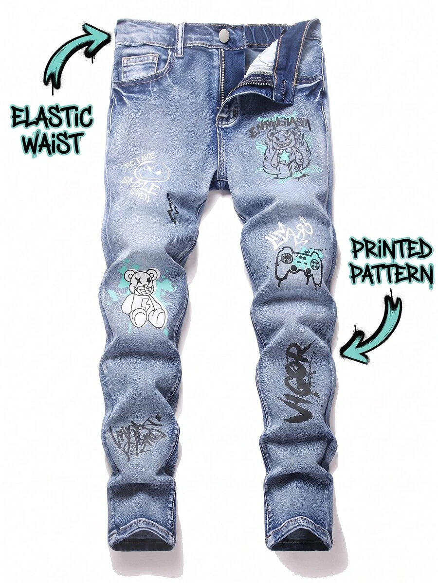 Kids Tween Boy Y2k Fashion Bear Graffiti Street Pattern Elastic Tight Jeans For Black To School - Blue - View 1