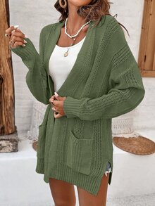 SHEIN 女款純色雙口袋落肩休閒日常百搭長袖針織開襟衫 - 綠色 - 查看 6