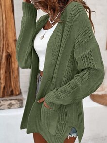 SHEIN 女款純色雙口袋落肩休閒日常百搭長袖針織開襟衫 - 綠色 - 查看 4