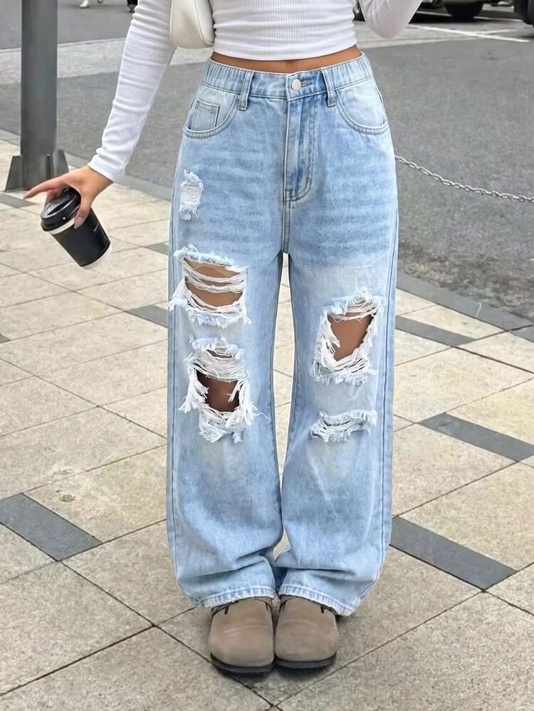 SHEIN Teen Girls Light Blue Distressed Loose Fit Denim Jeans - Blue - View 4