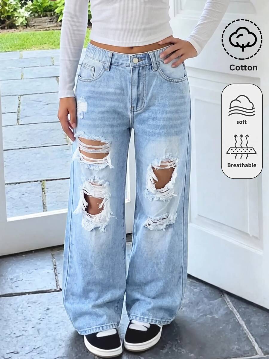 SHEIN Teen Girls Light Blue Distressed Loose Fit Denim Jeans - Blue - View 1