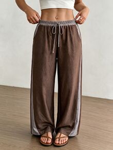 Vionelle Celana Panjang Wanita Ukuran Besar dengan Tali Serut, Kasual, Serbaguna, untuk Sehari-hari, Bepergian, dan Musim Gugur - Coffee Brown - View 3