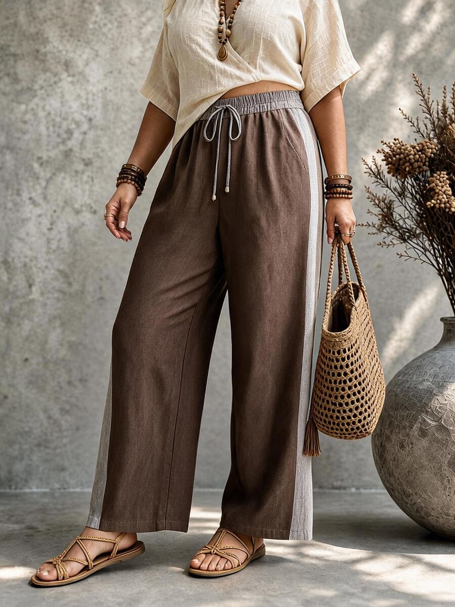 Vionelle Plus Size Women's Drawstring Waist Casual Versatile Everyday Travel Long Pants Fall - Coffee Brown - View 1