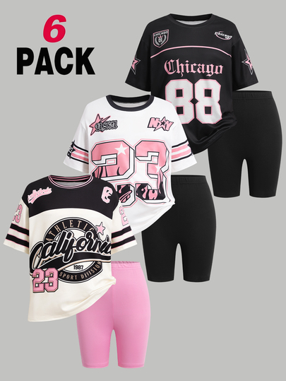SHEIN Conjunto de 6 piezas para niñas preadolescentes, suelto, banda atlética, minimalista, de punto, regreso a la escuela, vintage, delgado, ropa de verano, rosa y rosa intenso, negro, rosa, beige, gimnasio