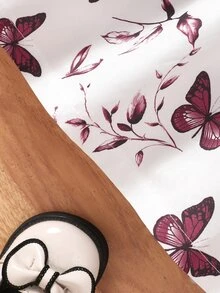 SHEIN 女宝宝休闲日常百搭可爱蝴蝶印花连衣裙配腰带，适合外出 - 酒紅色 - 查看 3