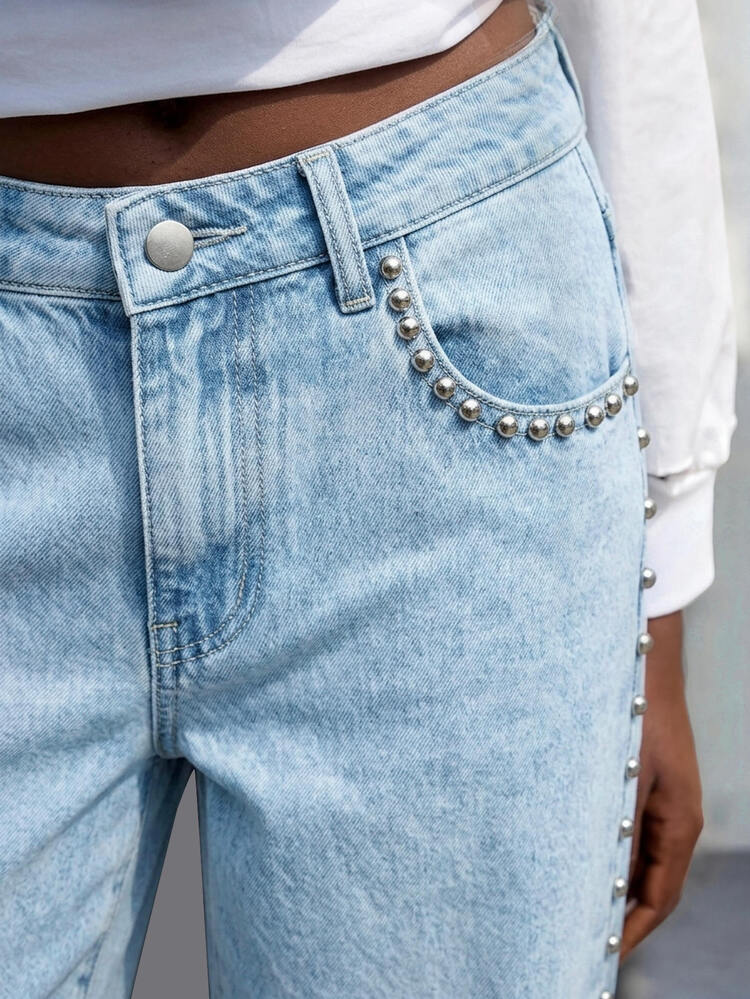 Maija Women's Casual Streetwear Washed Beaded Decor Straight Leg Jeans Jeans For Women Night Out Light Blue Autumn - Light Wash - View 5