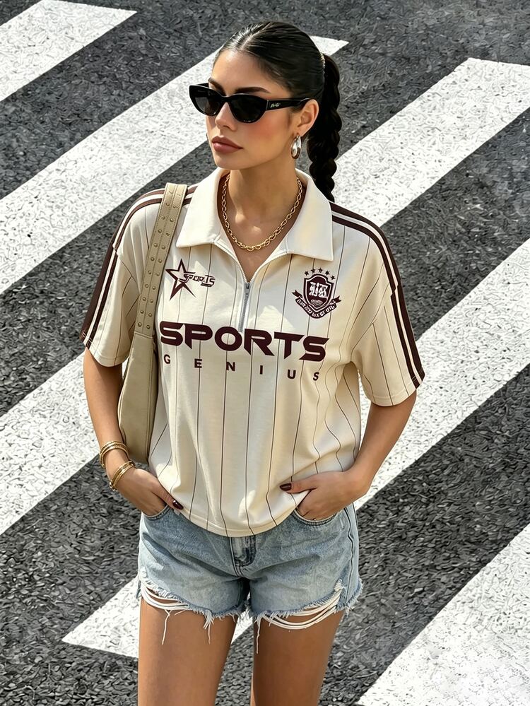 Aidyla Striped Letter Print Brown And White Polka Dot Casual Streetwear Top, Women's Fashion Zipper Collar Short Sleeve Loose T-Shirt, Summer Everyday School - Multicolor - View 5