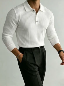 JOLTRO Men's Casual Solid Color Ribbed Long Sleeve Polo Shirt, Spring, Formal - White - View 4