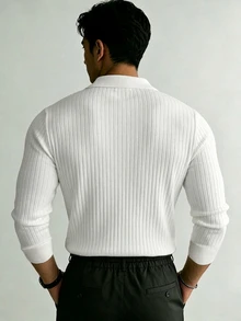 JOLTRO Men's Casual Solid Color Ribbed Long Sleeve Polo Shirt, Spring, Formal - White - View 2
