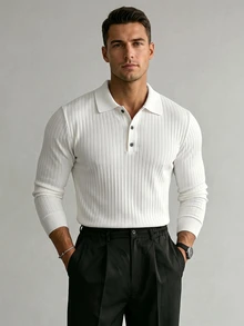 JOLTRO Men's Casual Solid Color Ribbed Long Sleeve Polo Shirt, Spring, Formal - White - View 5